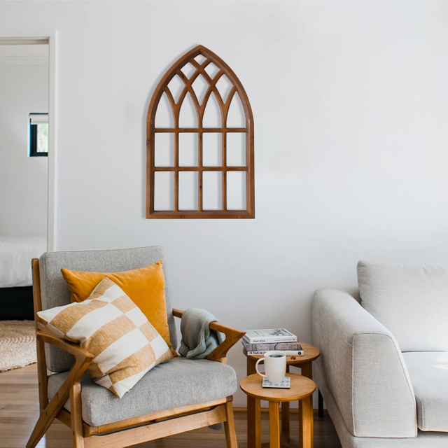 Rustic Arched Window Frame 20 x 32 Inch, Hanging Distressed Wood Window Pane Wall Decor