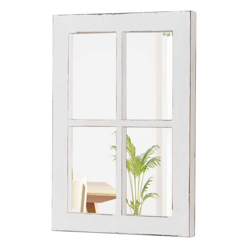 Rustic White Wood Frame Window Mirror Rectangle for Wall