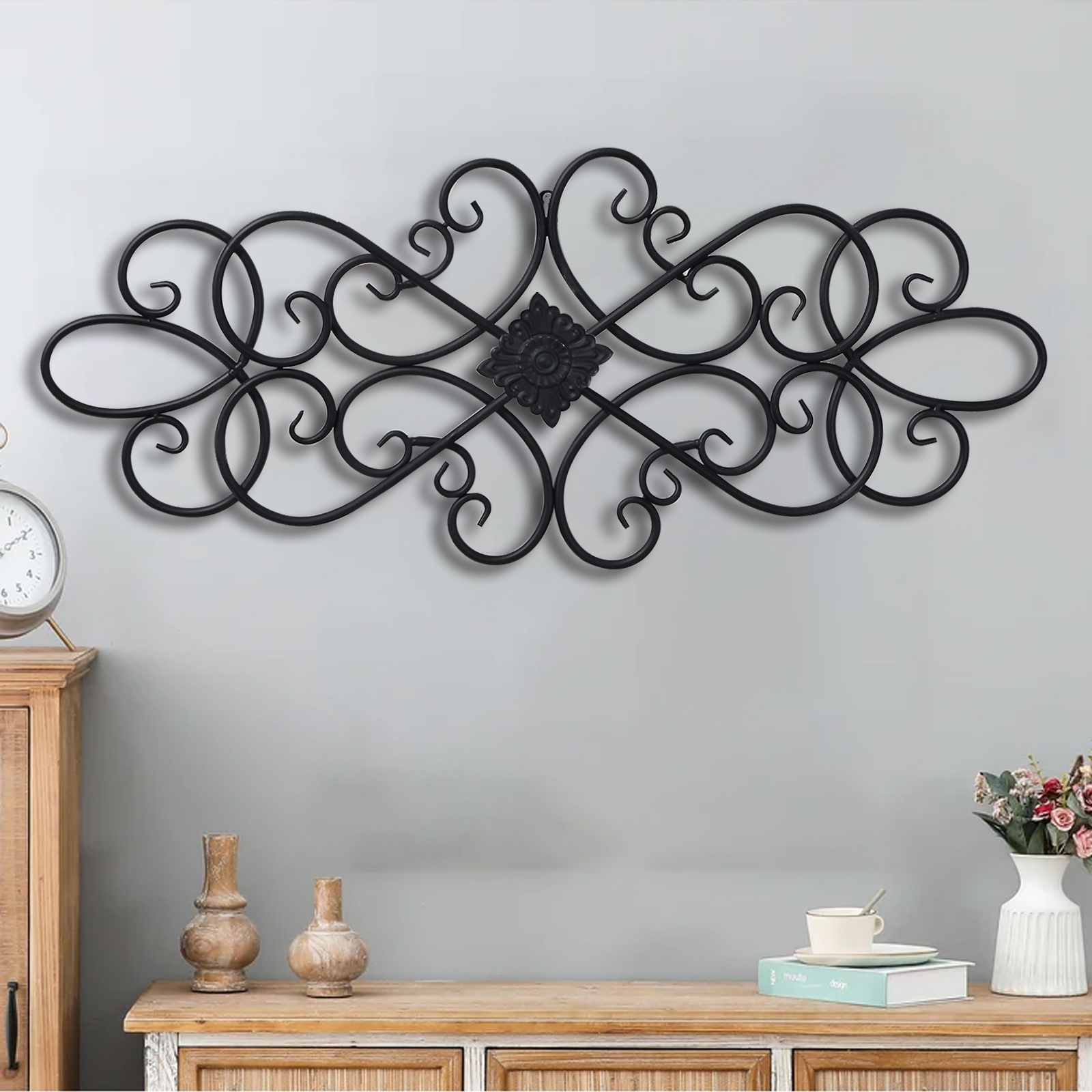 32" Hanging Flower Scroll Metal Wall Art Decor, Living Room Wall Decor