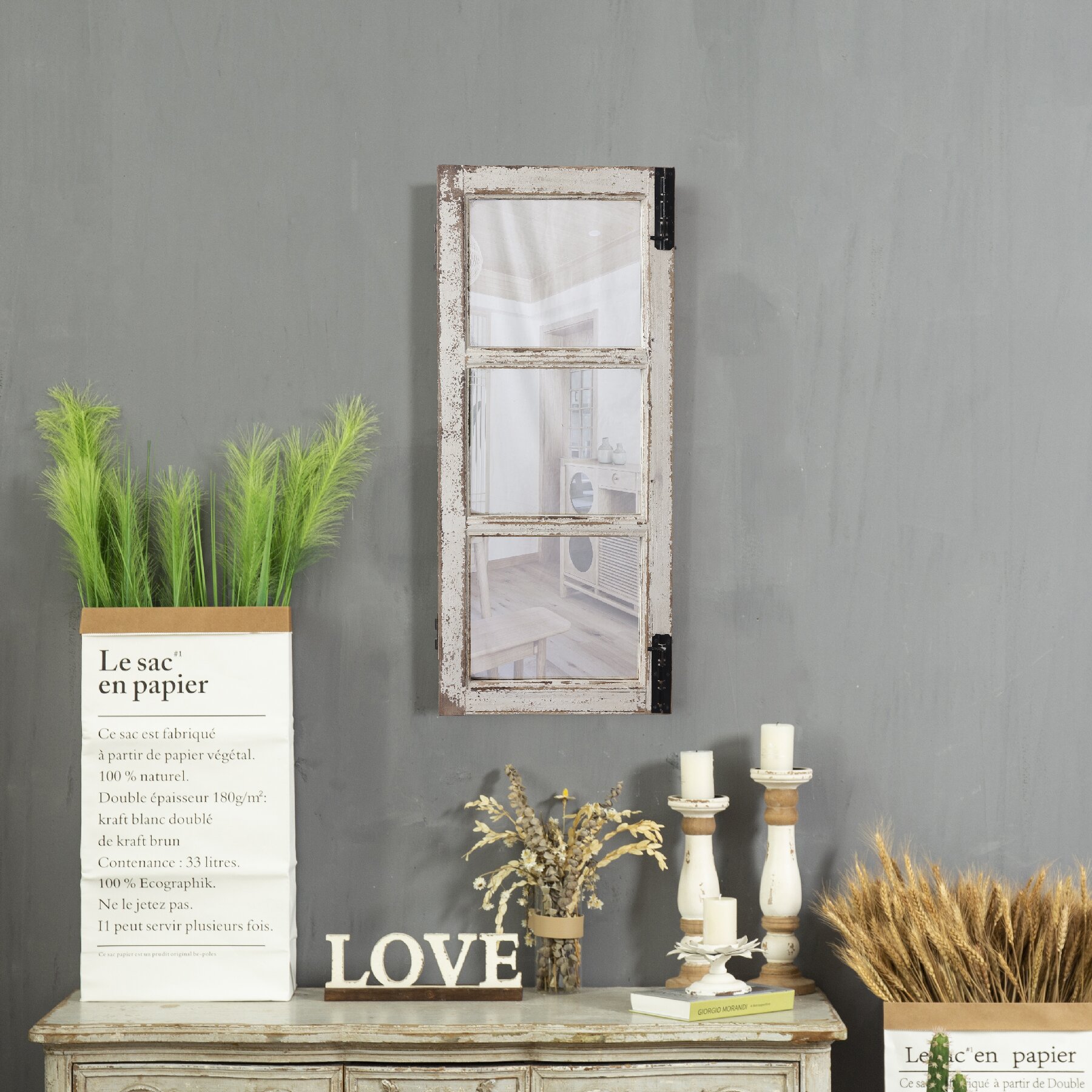 Handmade Wooden Hanging Distressed White Rustic Window Mirrors for Wall Decor
