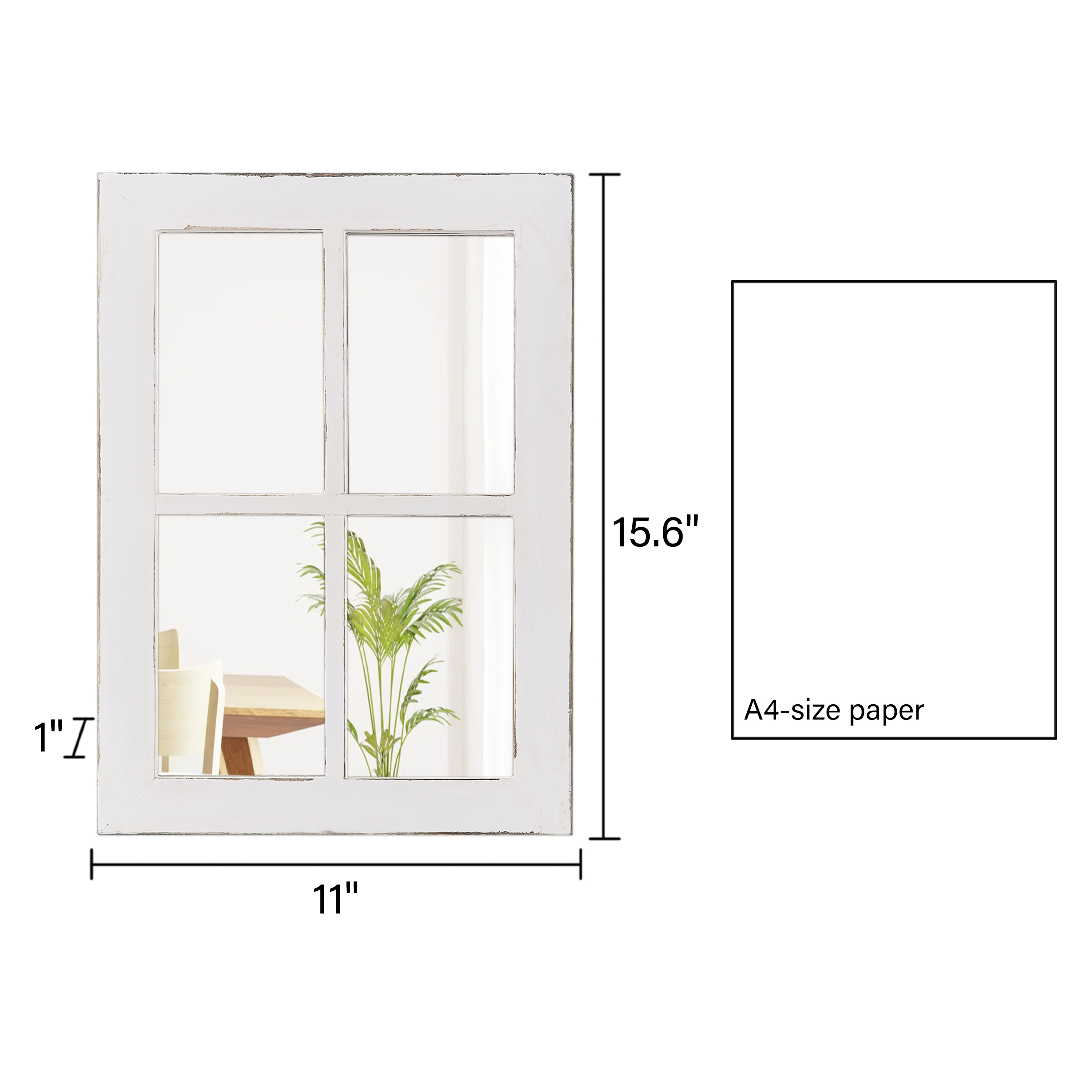 Rustic White Wood Frame Window Mirror Rectangle for Wall