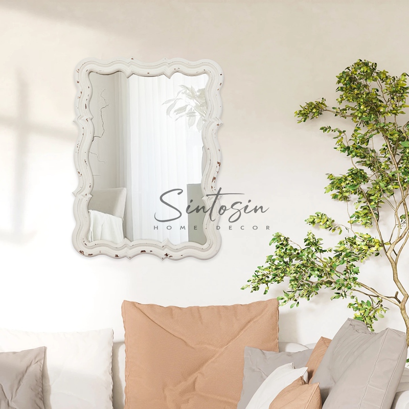 White Sculpted Wood Bathroom Vanity Mirror