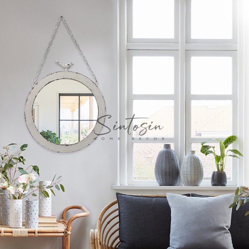 Large Round Mirrors for Wall Decor 19 Inch Rustic Distressed White