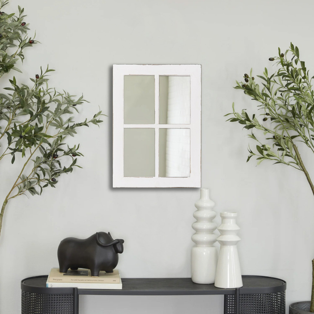 Rustic White Wood Frame Window Mirror Rectangle for Wall