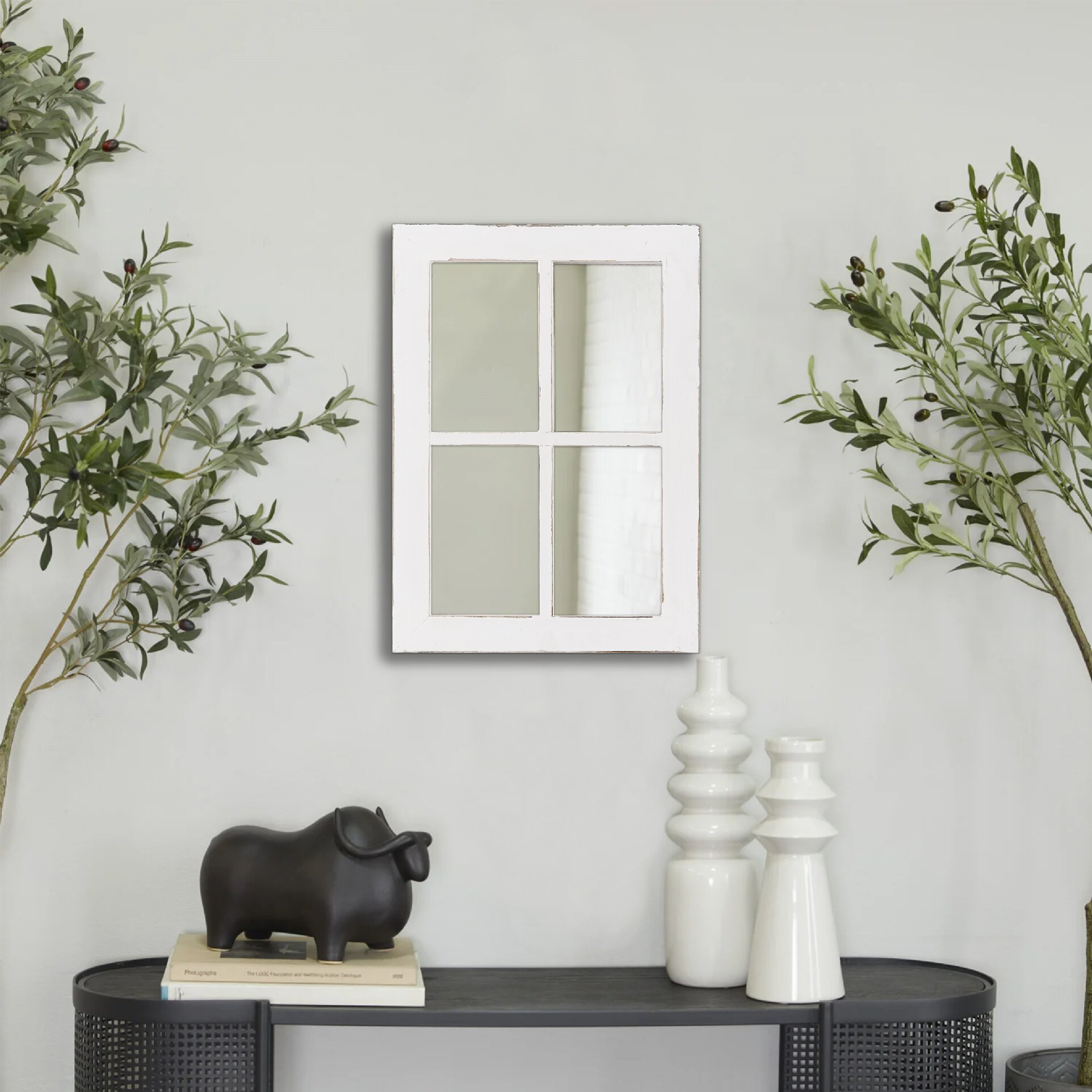 Rustic White Wood Frame Window Mirror Rectangle for Wall