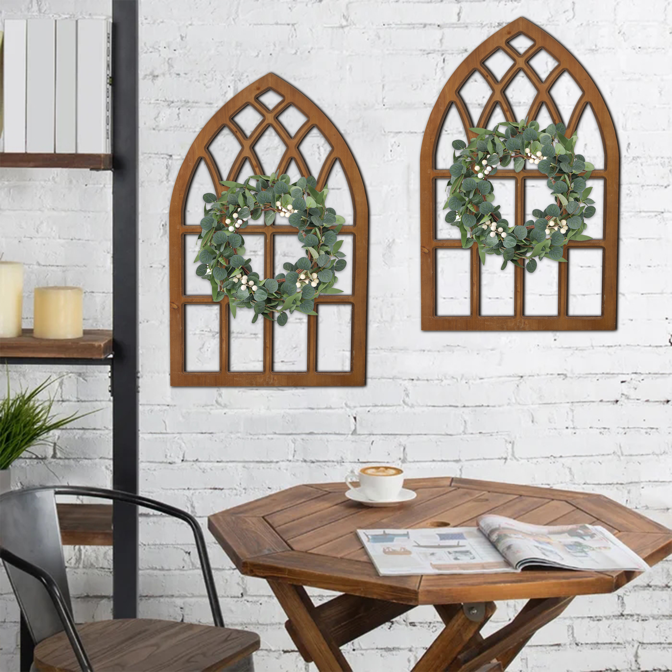 Rustic Wood Arched Window Frame, Hanging Distressed Window Pane Wall Decor