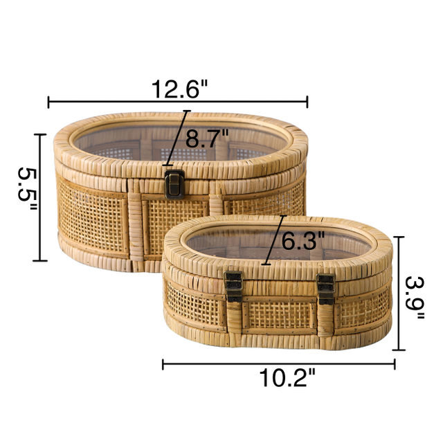 Oval Rattan Boxes with Glass Lid Set of 2, Handwoven Boho Storage Bins