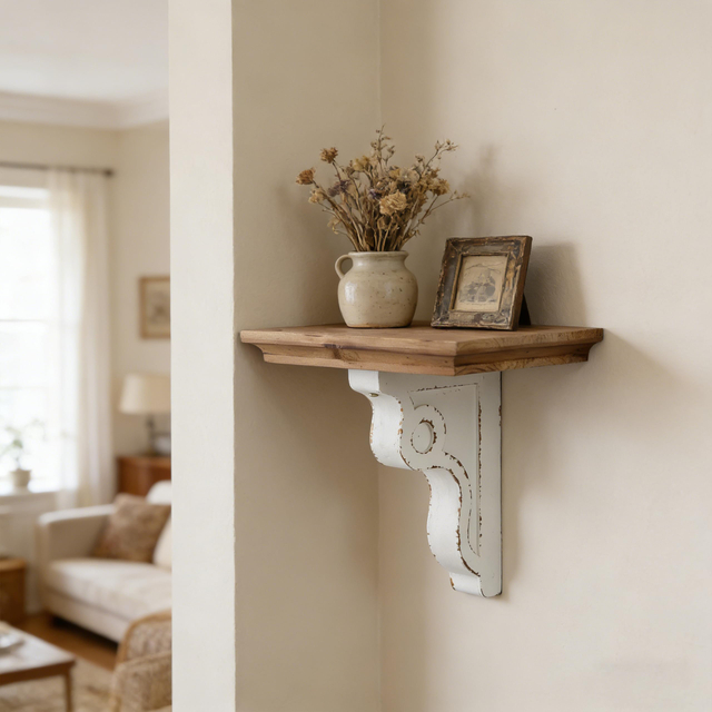 Rustic Wood Floating Shelf 14 Inches Long, Handmade Distressed White Scrolled Bracket