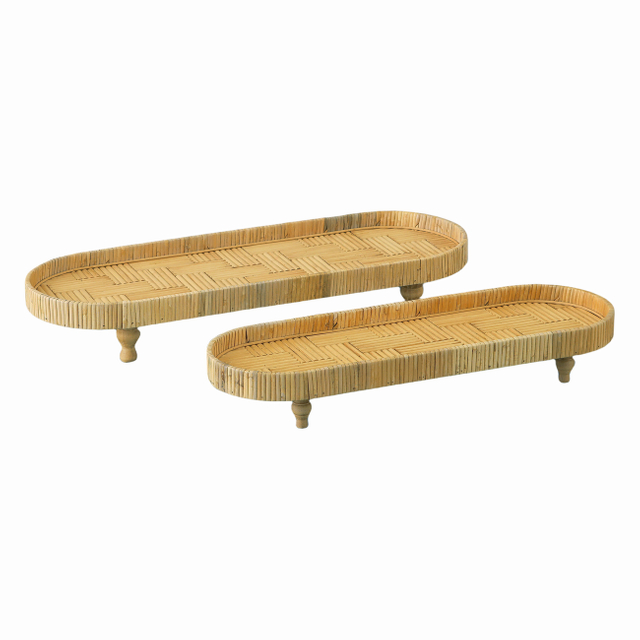 Rattan Tray Set of 2 with Wooden Legs