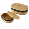 Set of 2 Oval Woven Basket with Lid, Black Trim, Wooden Knobs