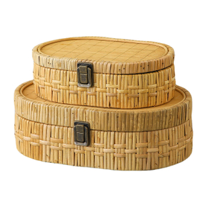 Set of 2 Rattan Box, Oval Decorative Storage Boxes with Lids