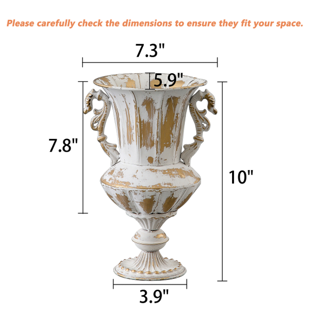 Handmade Distressed White & Gold Metal Vase, 10"Tall Small Urn Planter