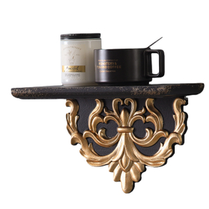 Distressed Black and Gold Floating Shelves Wood, 12" Long Wall Shelving Display for Bathroom Bedroom, French Country Country Decor Hanging Shelf for Vases Candles Books, Scrollwork Bracket