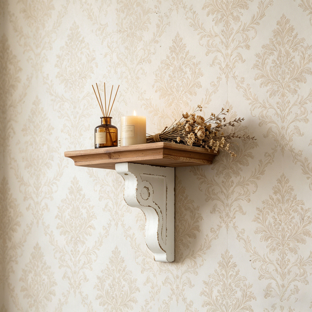 Rustic Wood Floating Shelf 14 Inches Long, Handmade Distressed White Scrolled Bracket