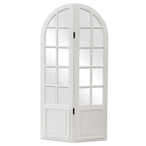 Arched Window Frame Room Divider 2 Panel, 4.7ft / 56 Inches Rustic White Folding Screen with Mirror Panels