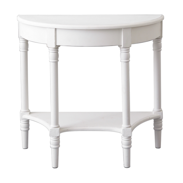 30 Inch Tall White Demilune Console Table, Antiqued Finish 2 Tier Entryway Table