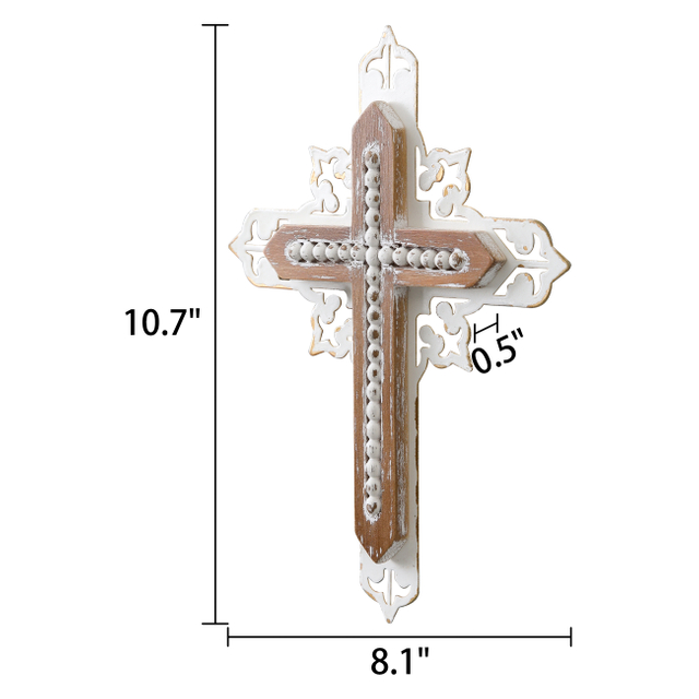 Rustic Wooden Cross for Wall, 11 Inches Tall Decorative Cross with White Metal Overlay and Beaded Detail