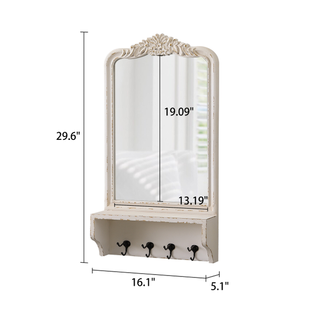 Vintage Mirror with Shelf and 4 Hooks 30 X 16 Inch