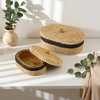 Set of 2 Oval Woven Basket with Lid, Black Trim, Wooden Knobs