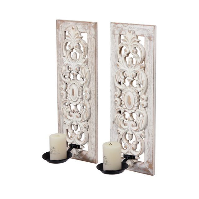Openwork Carving Wall Candle Sconces Set of Two, Handmade Distressed
