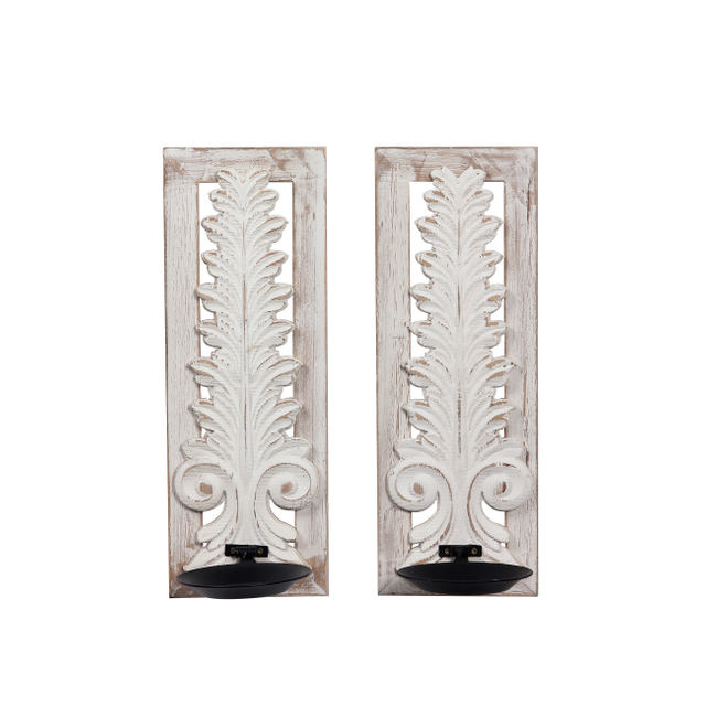 Carved Wall Candle Sconces Set of Two, Distressed Wood Candle Holder