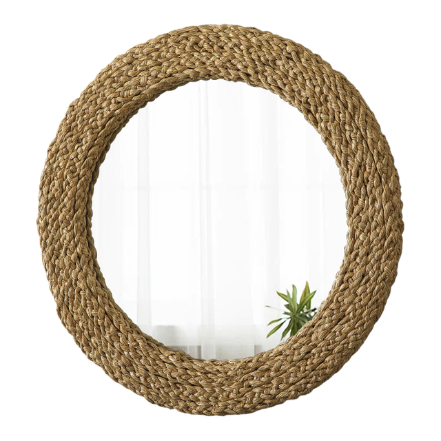 Rustic Circle Wall Mirror 22 Inch, Woven Rope Frame, Coastal
