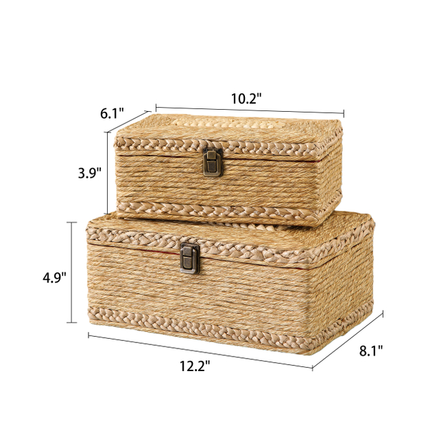 Rattan Box Set of 2, 10" and 12" Decorative Woven Basket with Lid