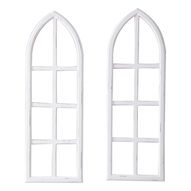 Set of 2 Hanging Rustic White Wood Arched Window Frame Wall Decor