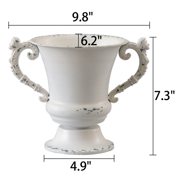 Distressed White Metal Vase, Decorative Flower Urn Planter 7 Inch Tall