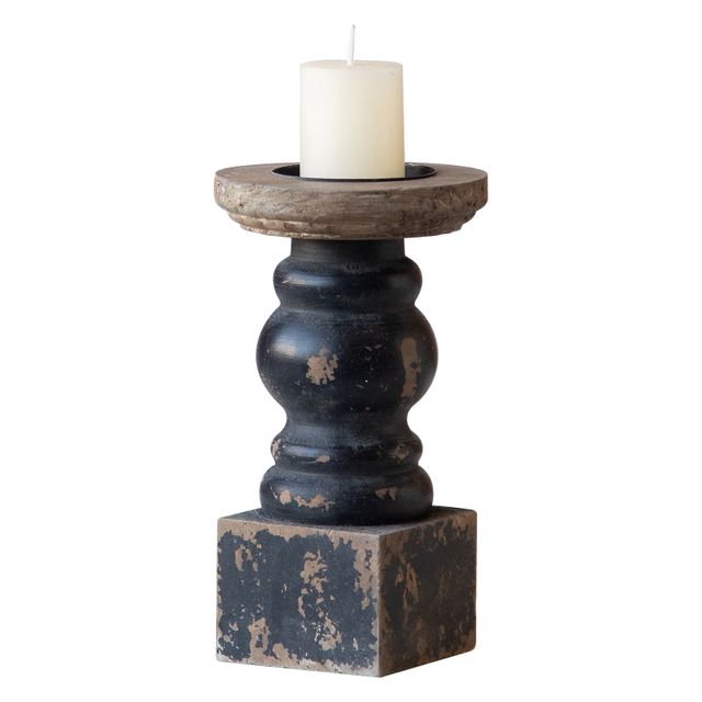 Handmade Shabby Chic Wooden Black Candle Holder, Square Base 7" Tall