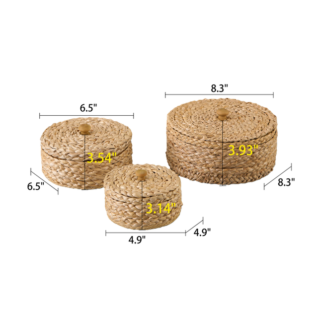Round Rattan Storage Boxes with Lids Set of 3, Handwoven Wicker Basket