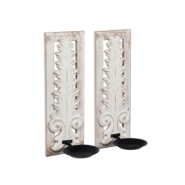 Carved Wall Candle Sconces Set of Two, Distressed Wood Candle Holder