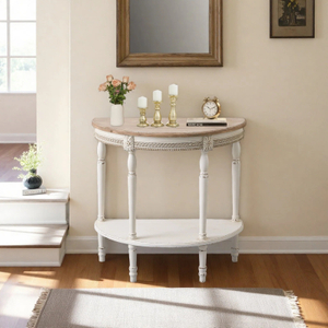 Distressed White Half Moon Console Table, 30" Wood Entryway Table
