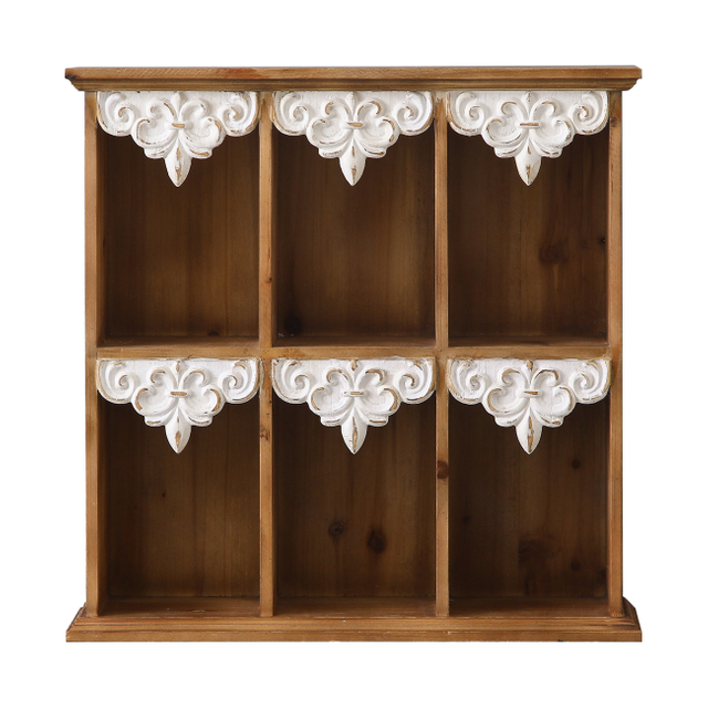 Rustic Floating Wall Shelves with Carved Trim, 6-Cube Storage Display Shelf
