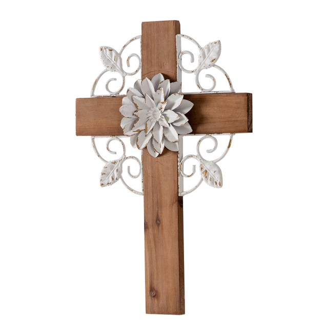 Rustic Crosses Wall Decor with Metal Floral, Handmade Distressed