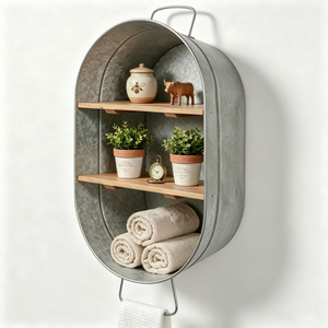Galvanized Metal Wash Tub with Shelf, Small Oval Wall Shelf