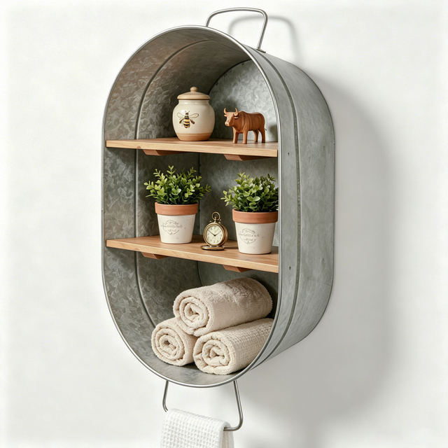Galvanized Metal Wash Tub with Shelf, Small Oval Wall Shelf