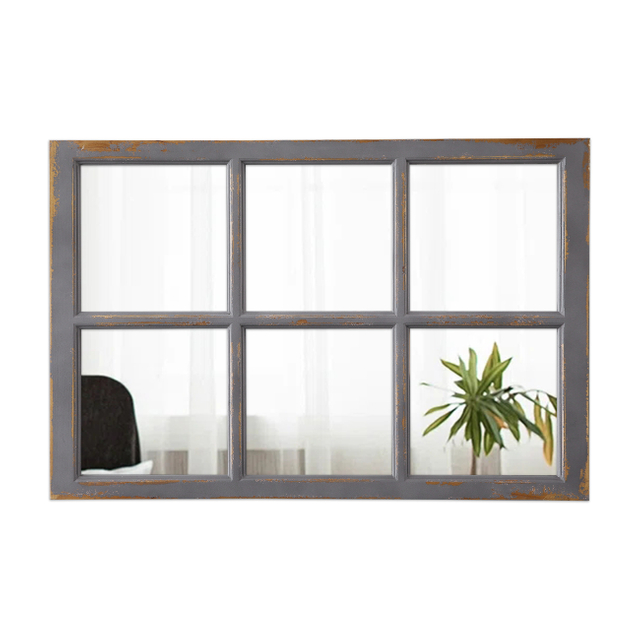 Farmhouse Windowpane Mirror 36 X 24 Inch, Distressed Wood Frame