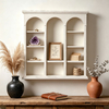 Distressed White Wall Display Shelf with Triple Arch, 10-Compartment