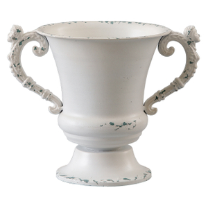 Distressed White Metal Vase, Decorative Flower Urn Planter 7 Inch Tall