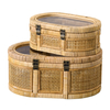 Oval Rattan Boxes with Glass Lid Set of 2, Handwoven Boho Storage Bins