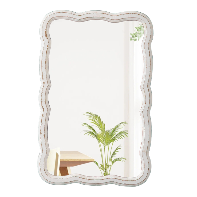Scalloped Rectangle Wall Mirror 16 X 24 Inch, Hanging Distressed Wooden Rustic Bathroom Mirror