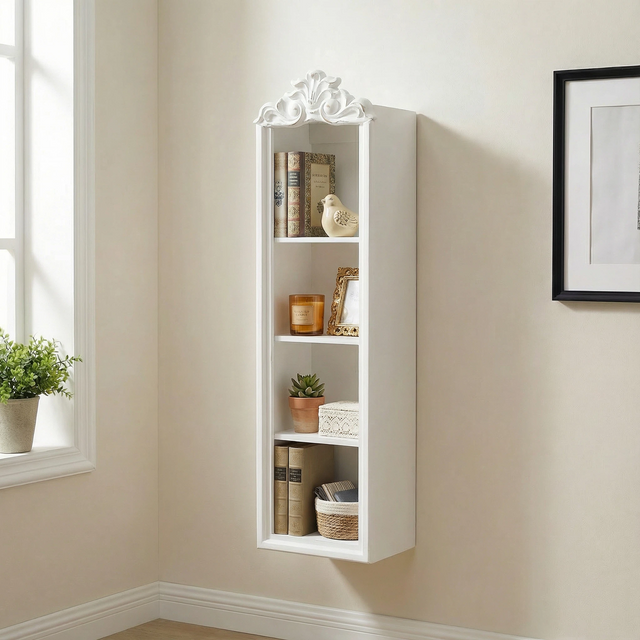 Vintage White Wall Mount Cabinet 4 Tier Open Shelf, 32 Inches Tall
