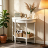 30 Inch Tall White Demilune Console Table, Antiqued Finish 2 Tier Entryway Table