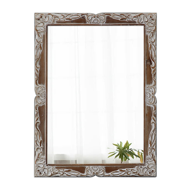 22"x30" Hand Carved Distressed Wood Framed Rectangular Mirror