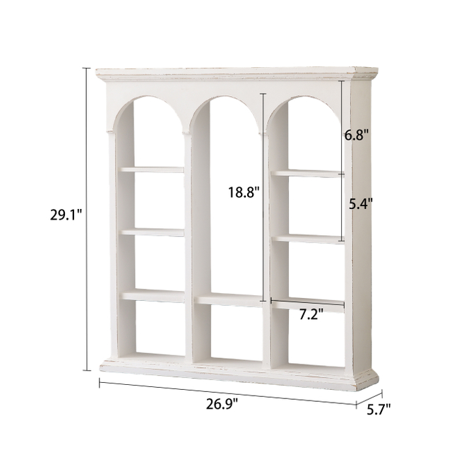 Distressed White Wall Display Shelf with Triple Arch, 10-Compartment