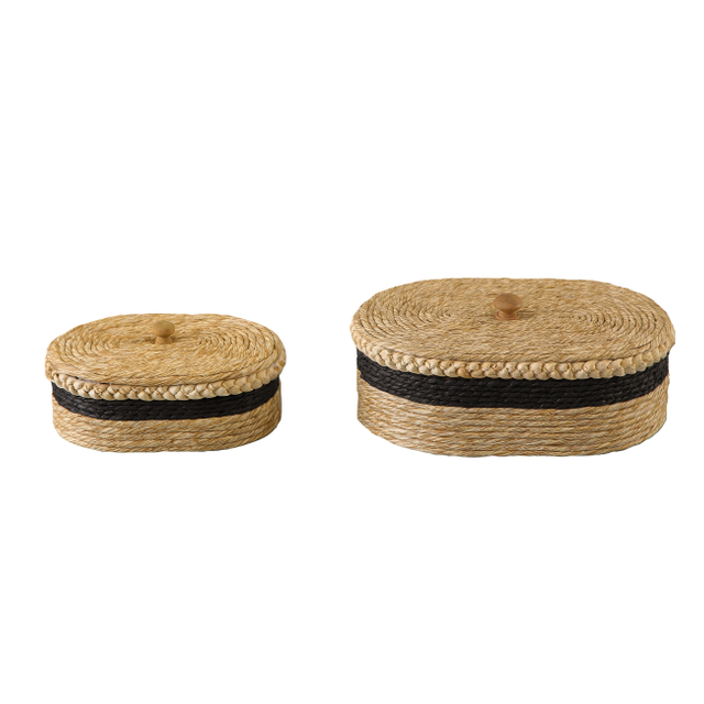 Set of 2 Oval Woven Basket with Lid, Black Trim, Wooden Knobs