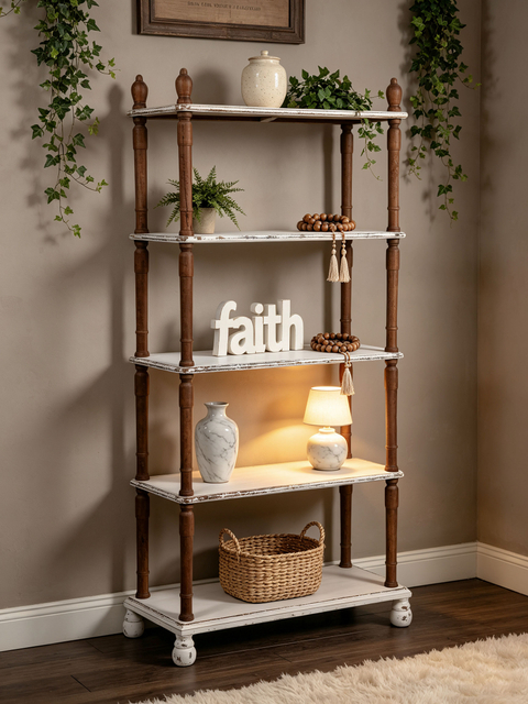 Farmhouse 5-Tier Open Bookcase, 75” Tall Large Wooden Bookshelf