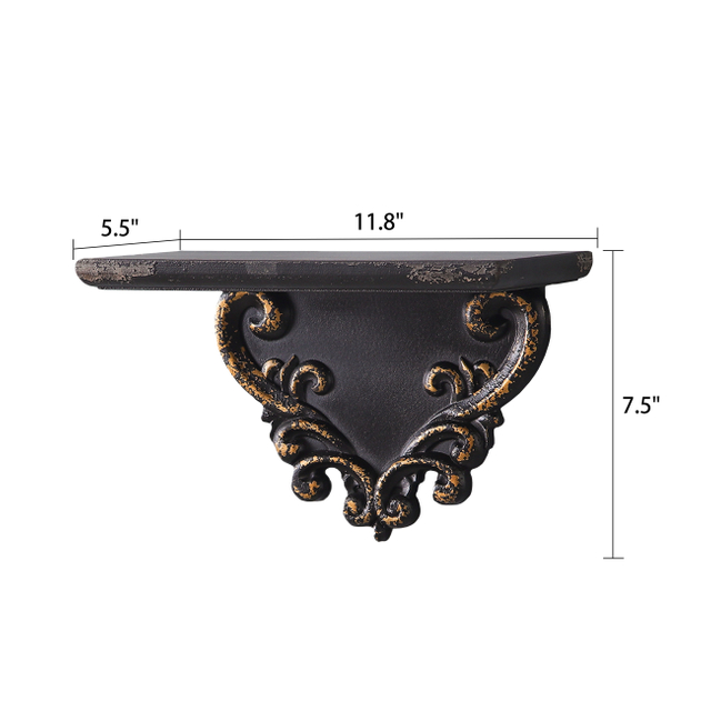 Antique Black & Gold Wood Shelves for Wall - 12 Inch Long Display Shelf Wall