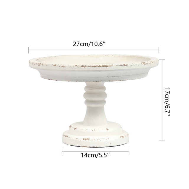 Round Cake Stand 7" Inner, Rustic White Wood Pedestal Tray